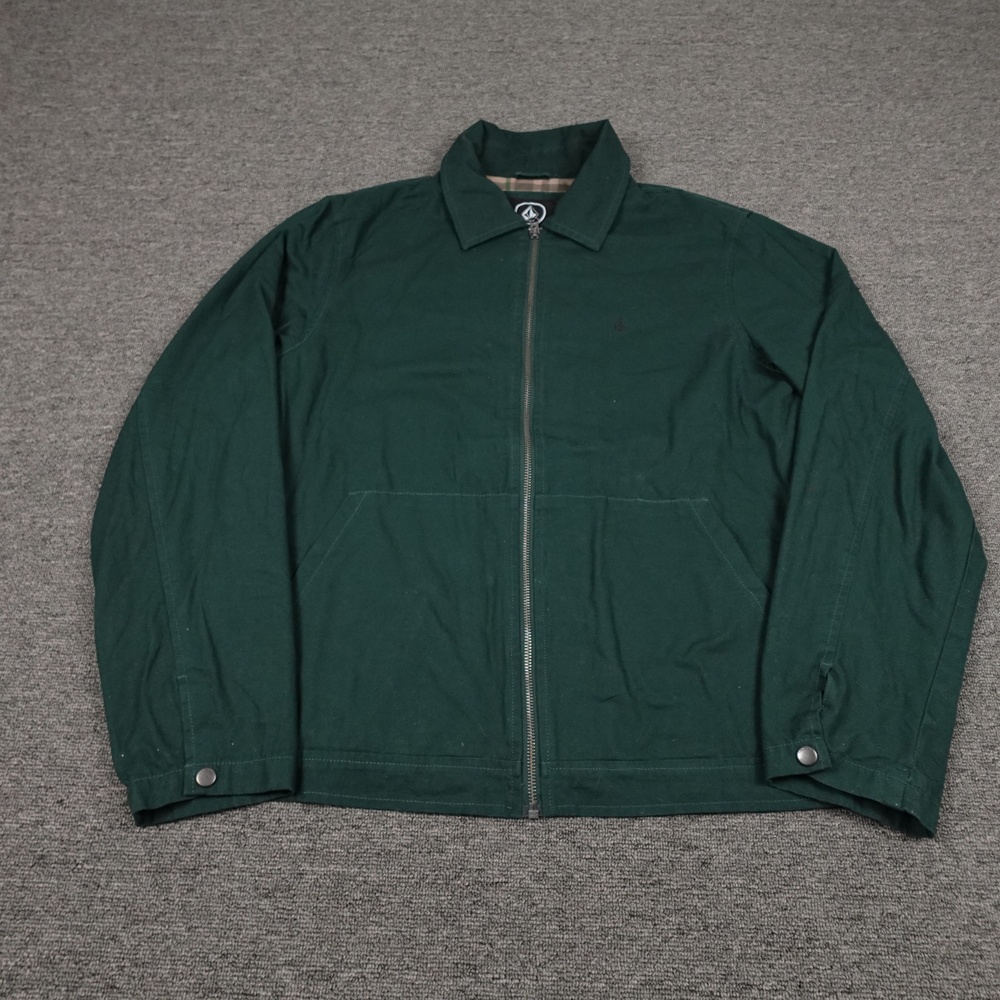 Volcom Jacket Mens Medium Green Canvas Full Zip Plaid Lined Streetwear